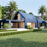 Modern home with integrated Thornova 500W solar panels on the roof, surrounded by palm trees and greenery, showcasing advanced solar design and aesthetic appeal for residential use